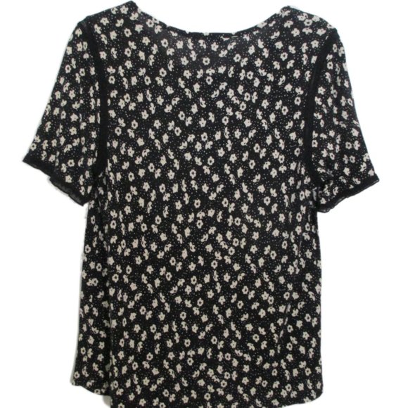 DR2 Black and Cream Rayon Linen Blend Floral Print Short Sleeve Top Size L - Picture 12 of 12